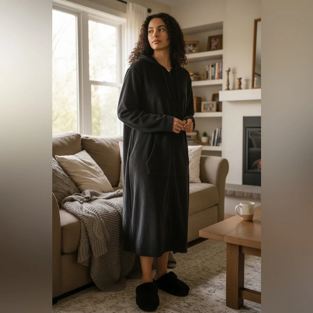 Elegant Black Hooded Lounge Robe☑️ - Picture 2 of 12